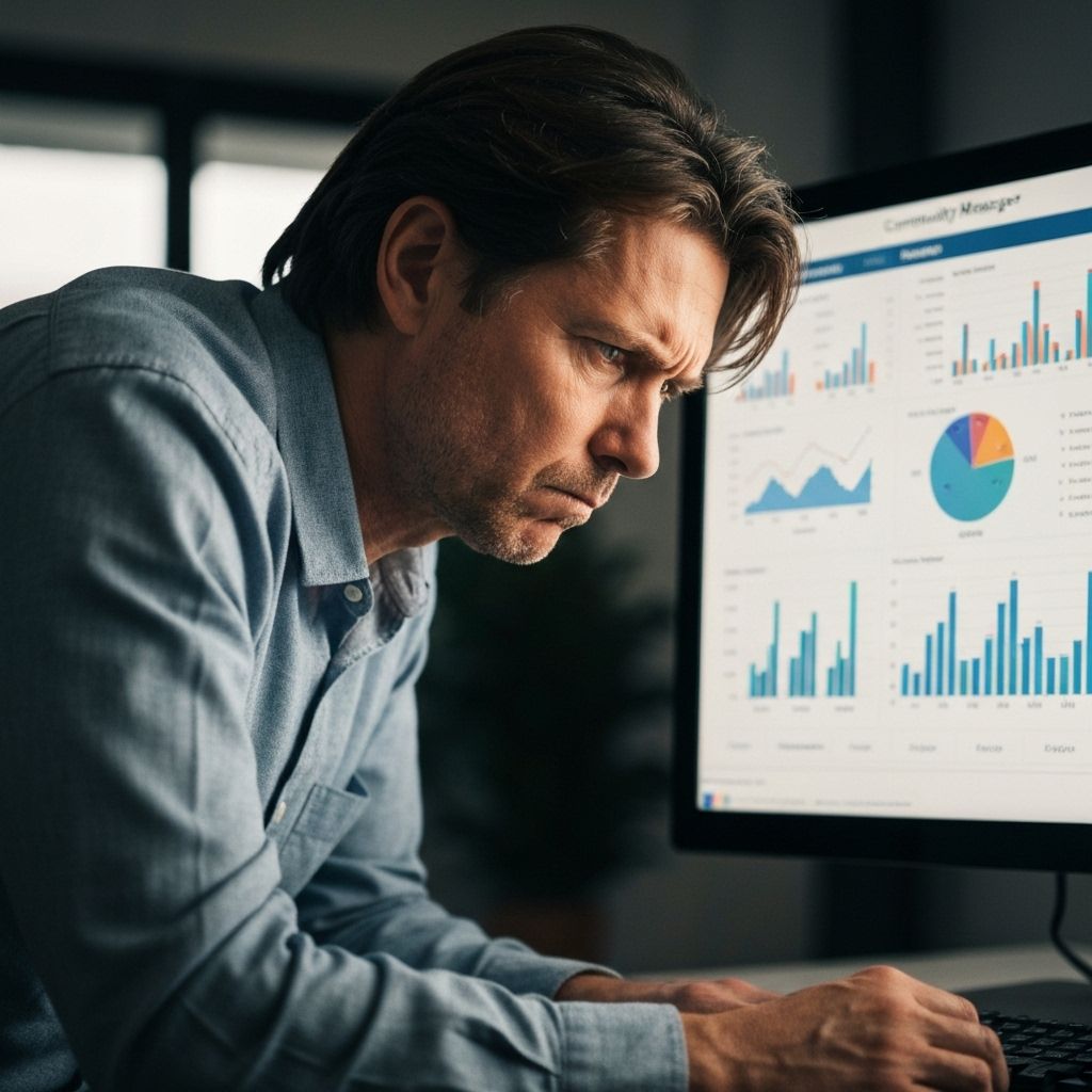 Community manager looking frustrated at analytics dashboard
