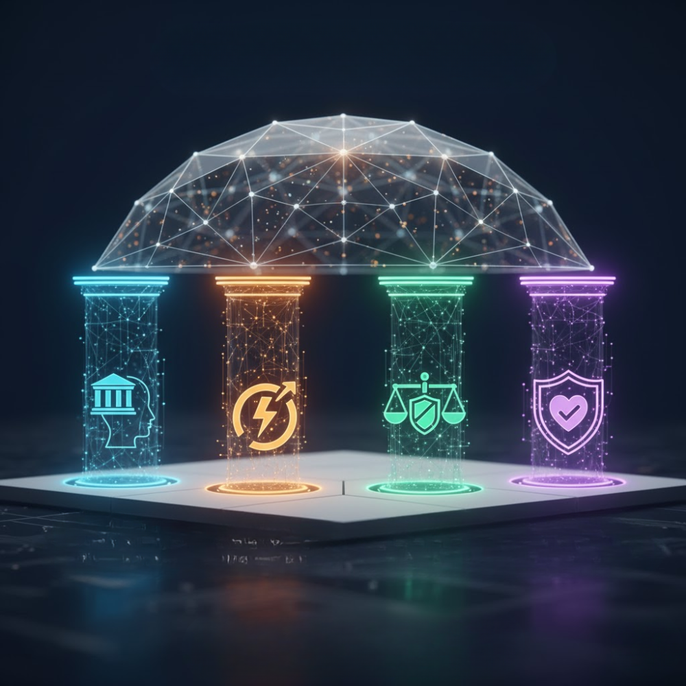 Four pillars of community framework: Structure (governance), Energy (engagement), Justice (fairness), and Safety (well-being) supporting a connected community dome